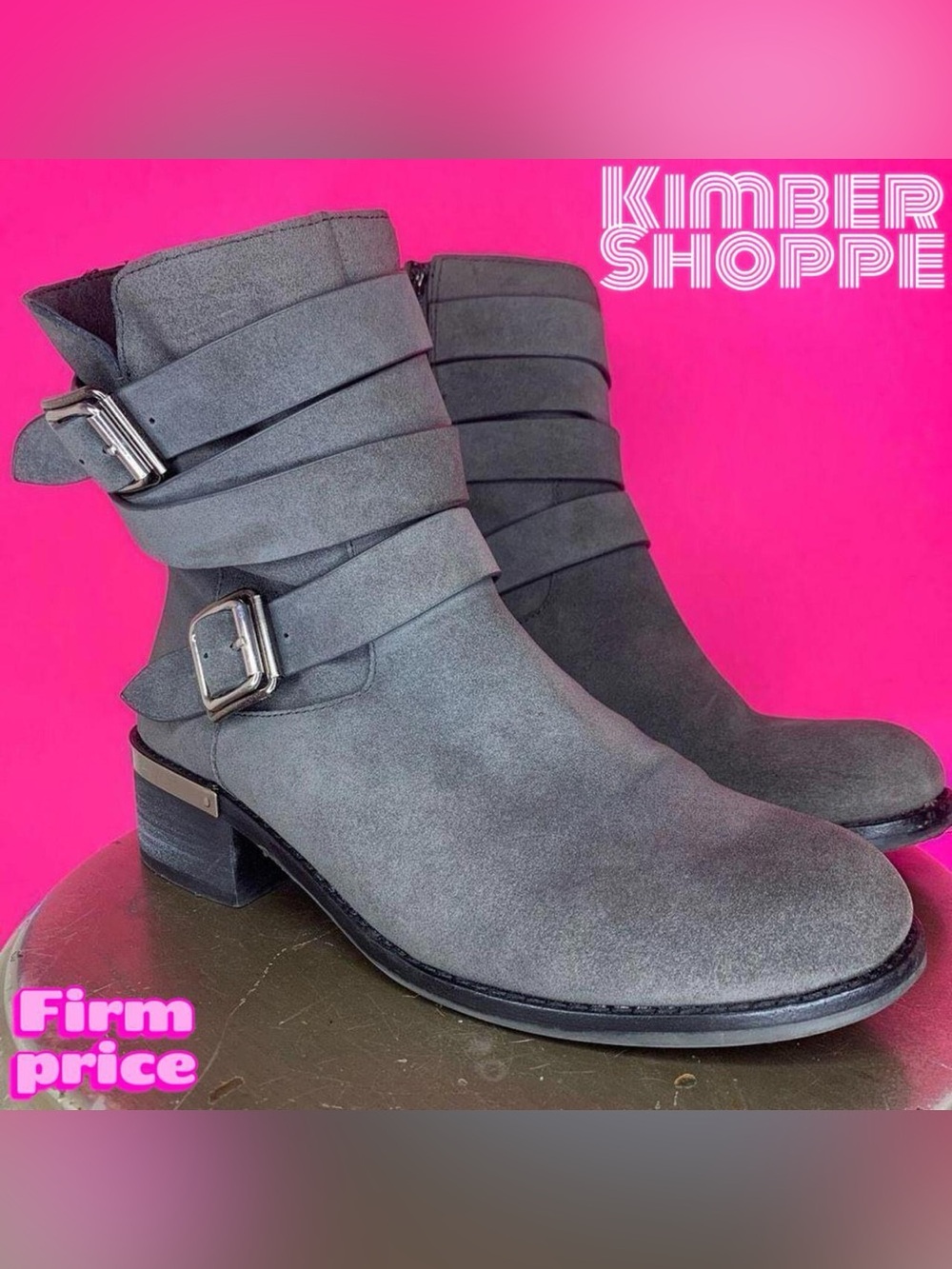 Vince Camuto Webey Gray Suede Buckle Wrap Strap Moto Boots US 8.5 UK 6 EU 39